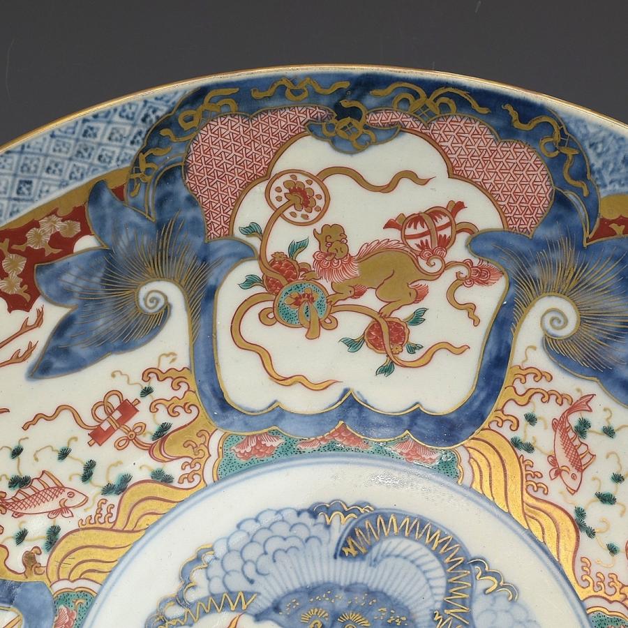 古伊万里　龍図 趣楽】 明治時代 古伊万里龍図細密小紋飾り皿 直径45，3cm 本物