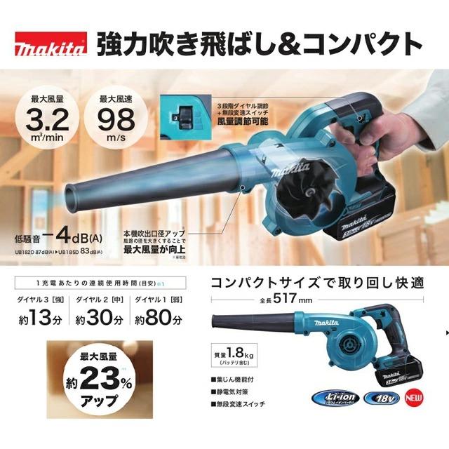 【送料無料】★6.0Ah仕様■マキタ 18V 充電式ブロワ UB185DZ 本体＋バッテリーBL1860B＋充電器DC18RF (ノズル・集塵袋付き) ★新品・未使用｜sic-kikai｜03