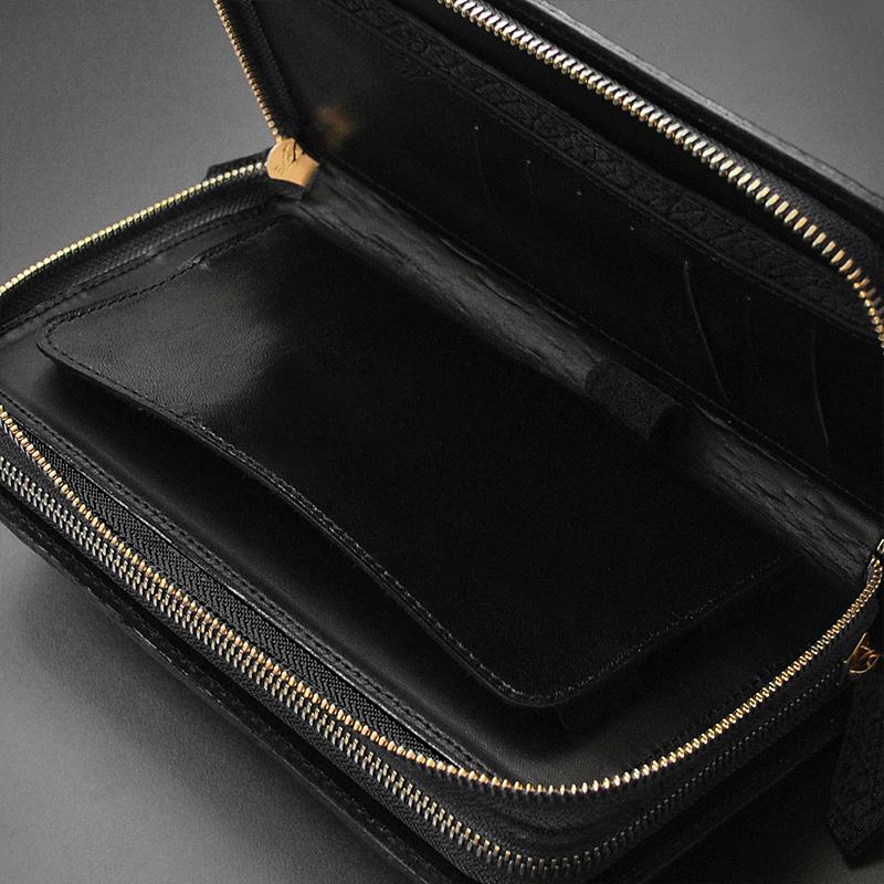 本革 日本製 希少カバ革 ダブルファスナーセカンドバッグ クラッチバッグ 鞄 カバン グリーン YKK JRA 認定 カバ エキゾチックレザー かっこいい メンズの画像