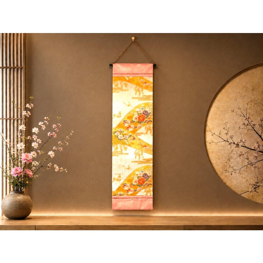 16)2497】和柄タペストリー・31×113.5cm/流水花鳥文/帯リメイク/日本製 