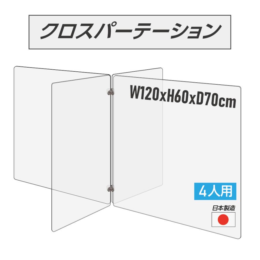 【令和3年新商品】日本製 4人用 透明クロスパーテーション 十字型 W350ｘH600mmｘ2枚 W600ｘH600mmｘ2枚 連接パーツ付き（cr4-6035-60）
