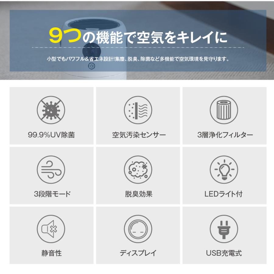 空気清浄機 集塵 脱臭 除菌 適応21畳 空気清浄機 小型 集塵 脱臭 除菌 花粉対策 適応21畳 USB充電式 12時間