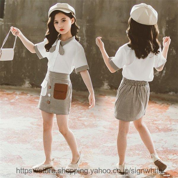 子供服 セットアップ キッズ 女の子 夏 2点セット 上下セット シャツ 半袖 最大79 Offクーポン 膝丈スカート カジュアル 150 ジュニア 160 おしゃれ 可愛い 新品 チェック柄 小学生