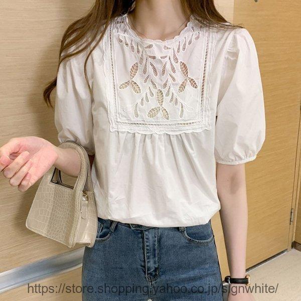 最低価格の レディースブラウス春夏40代白オシャレブラウス半袖チュニック韓国風パフスリーブtシャツレース透かし雕り薄手白トップス体型カバー 半袖 サイズ L Www Cognitiva La
