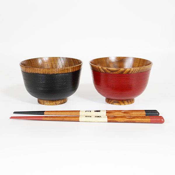 夫婦椀 夫婦箸 セット 刷毛目 ペア 木製 漆塗り 朱 黒 天然木 汁椀