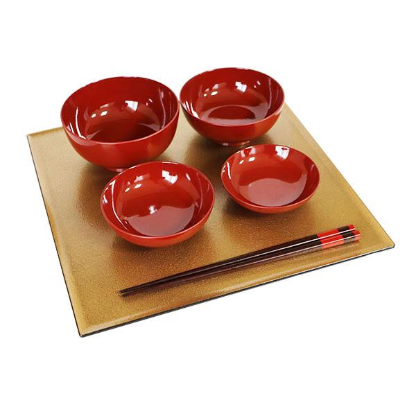 朱漆 時代 朱塗 漆器 赤い漆器の四角い膳 取っ手付き 大正昭和初期の朱塗り漆塗り一人膳 四角い和風トレー 越前塗 色変わり