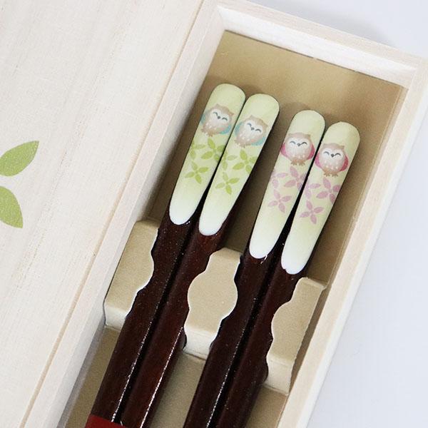 夫婦箸 箸 セット 木製 笑 ふくろう 吉兆 桐箱 お箸 漆塗り 木箱