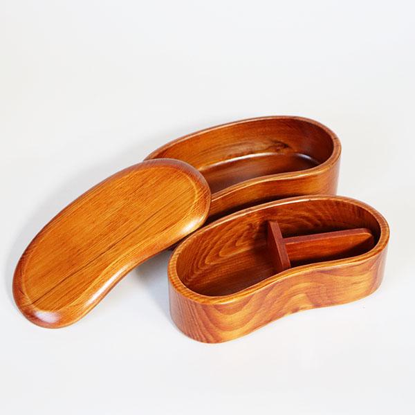 2段 木製 弁当箱 くり抜き くりぬき お弁当箱 豆型 そら豆 漆塗り