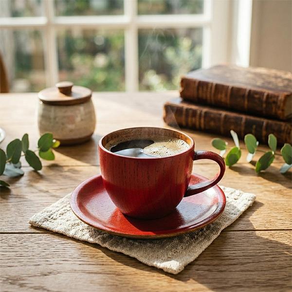 木製 コーヒーカップ セット 漆塗り 朱 赤 丸 天然木 漆器 カップ