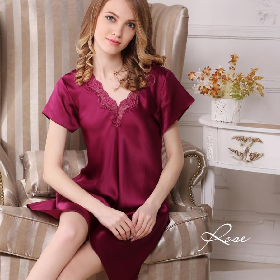 シルク ネグリジェ 送料無料 女性用 半袖 ルームウエア 刺繍レース