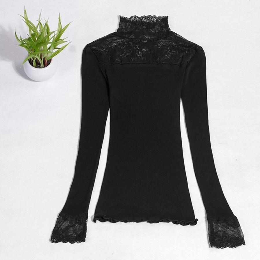 レースハイネックT 長袖 メール便送料無料 シルク コットン レース