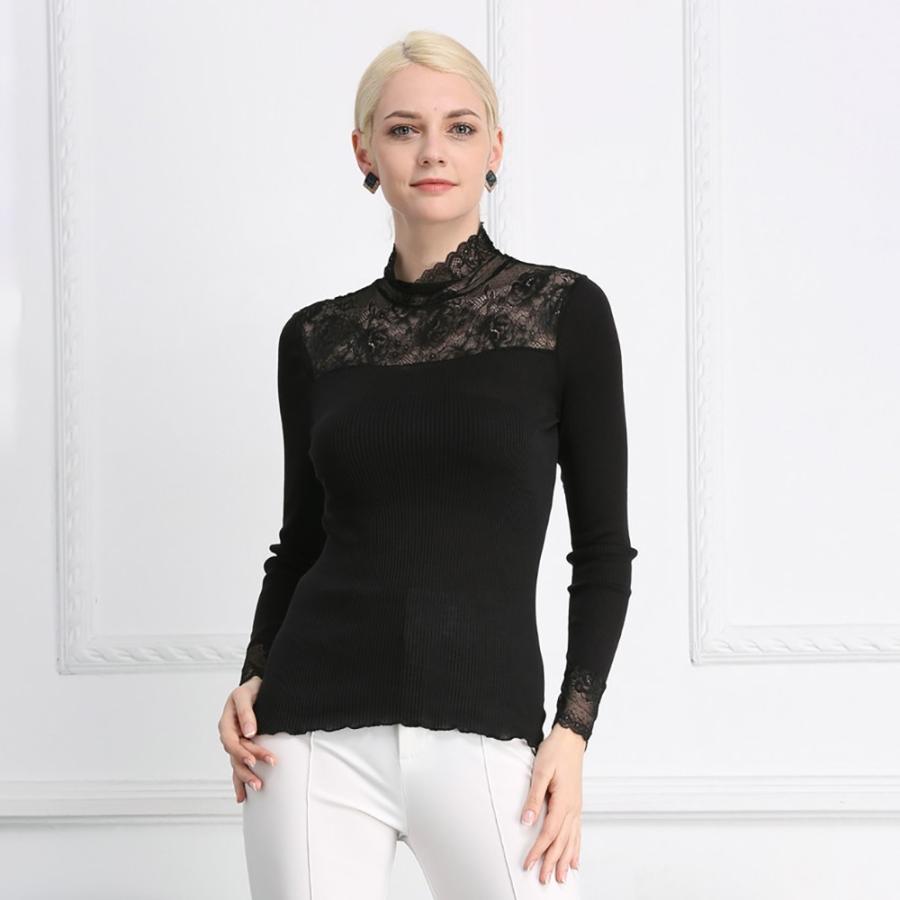 レースハイネックT 長袖 メール便送料無料 シルク コットン レース