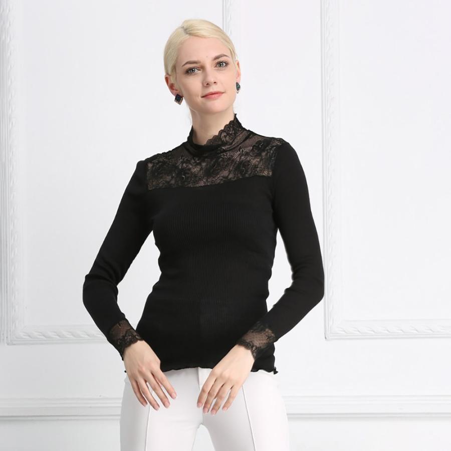 レースハイネックT 長袖 メール便送料無料 シルク コットン レース