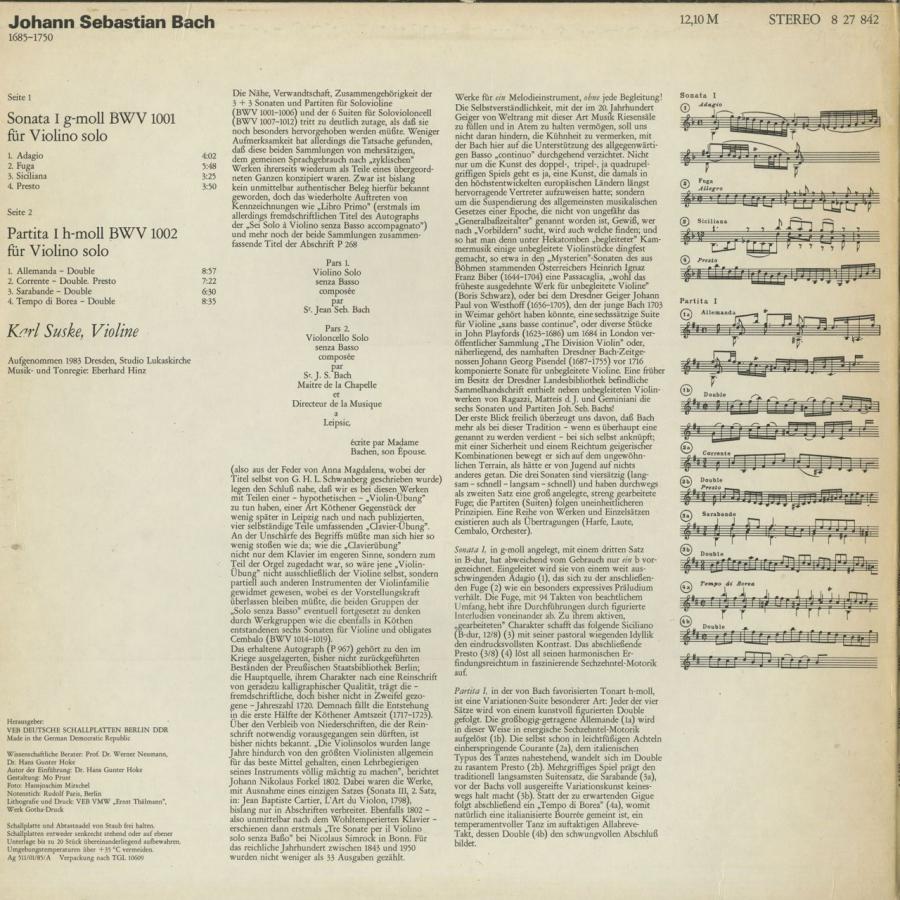 ＜中古クラシックLPレコード＞バッハ：無伴奏ヴァイオリン・ソナタ１番，パルティータ１番/Ｋ．ズスケ（ｖｎ）/東独ETERNA：827 842 ｖｎ /東独ETERNA：827
