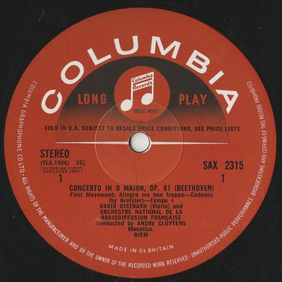 中古クラシックLPレコード＞ベートーヴェン：ヴァイオリン協奏曲/D