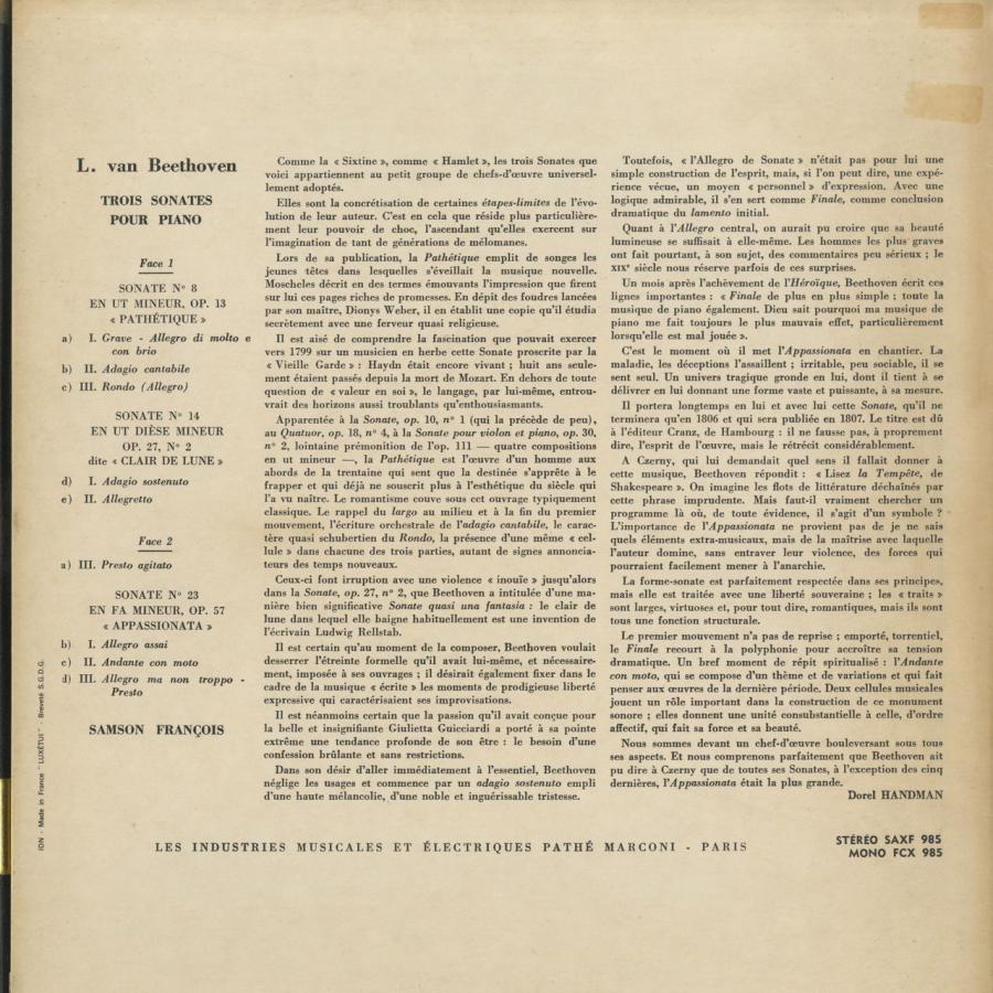 美品 ＜中古クラシックLPレコード＞ベートーヴェン：ピアノ・ソナタ８番「悲愴」，１４番「月光」，２３番「熱情」/Ｓ．フランソワ（ｐｆ）/仏COLUMBIA：SAXF 985 【G6688479074】(24200円)