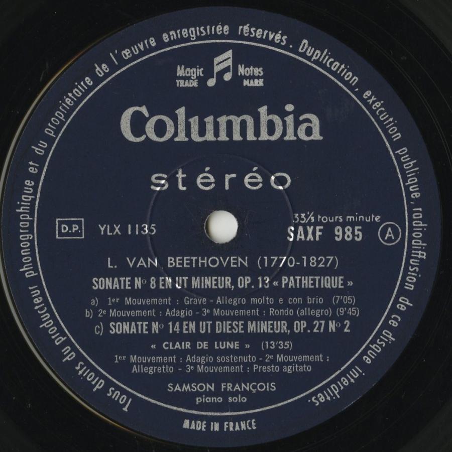 美品 ＜中古クラシックLPレコード＞ベートーヴェン：ピアノ・ソナタ８番「悲愴」，１４番「月光」，２３番「熱情」/Ｓ．フランソワ（ｐｆ）/仏COLUMBIA：SAXF 985 【G6688479074】(24200円)