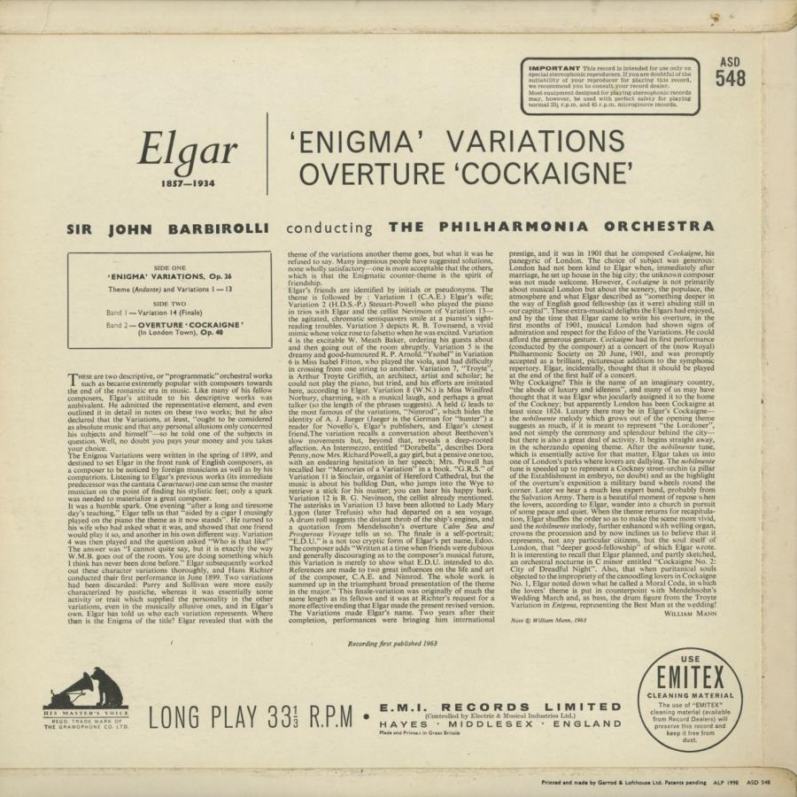 ＜中古クラシックLPレコード＞エルガー：創作主題による変奏曲「エニグマ」，序曲「コケイン」/Ｊ．バルビローリ指揮フィルハーモニアｏ．/英HMV：ASD 548｜silent-tone-record｜02