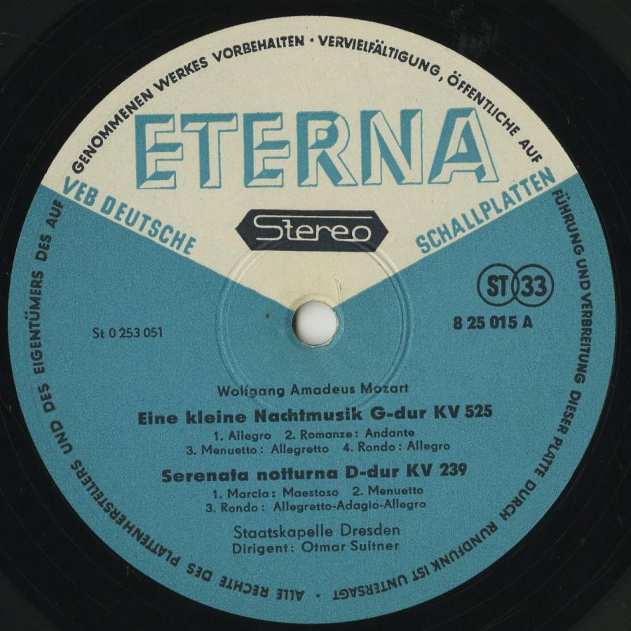 ＜中古クラシックLPレコード＞モーツァルト：アイネ・クライネＫ．５２５，他/Ｏ．スイトナー指揮ドレスデンｓｋ．/東独ETERNA：825 015 