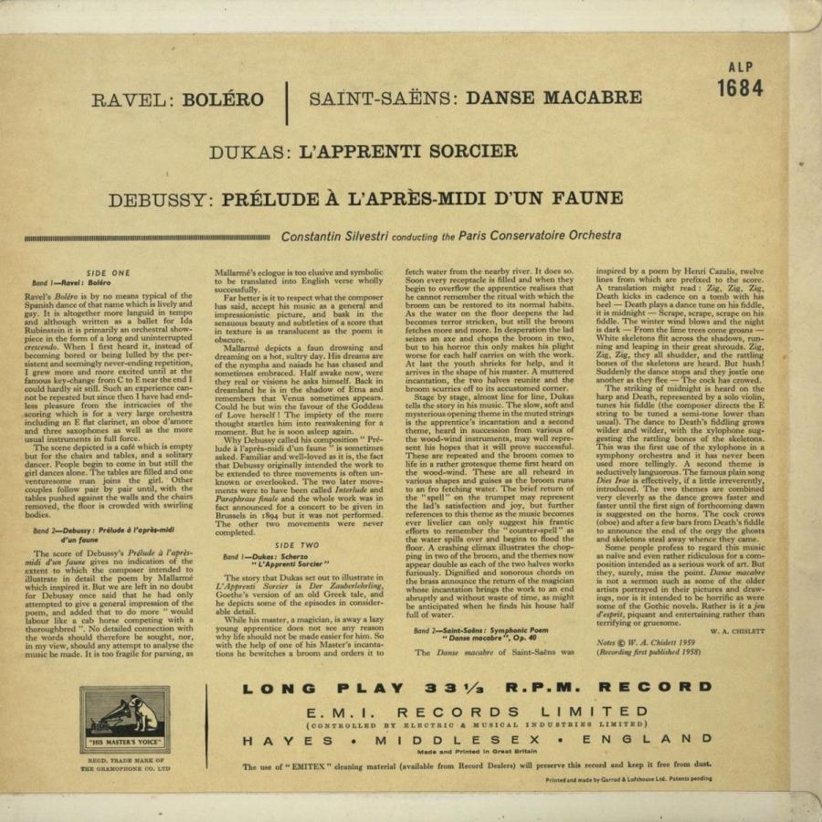 ＜中古クラシックLPレコード＞ラヴェル：ボレロ，ドビュッシー，サン・サーンス，デュカス/Ｃ．シルヴェストリ指揮パリ音楽院ｏ．/英HMV：ALP 1684 