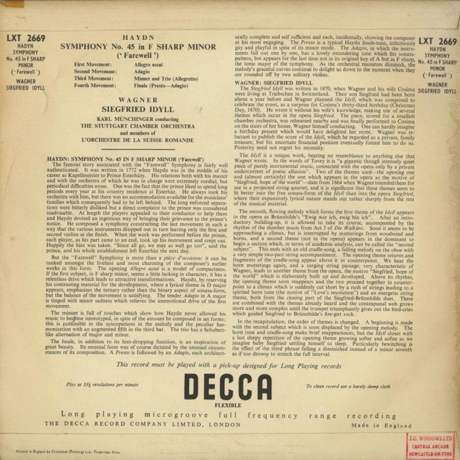 ＜中古クラシックLPレコード＞ハイドン：交響曲４５番「告別」，ワーグナー：ジークフリートの牧歌/Ｋ．ミュンヒンガー指揮/英DECCA：LXT 2669｜silent-tone-record｜02