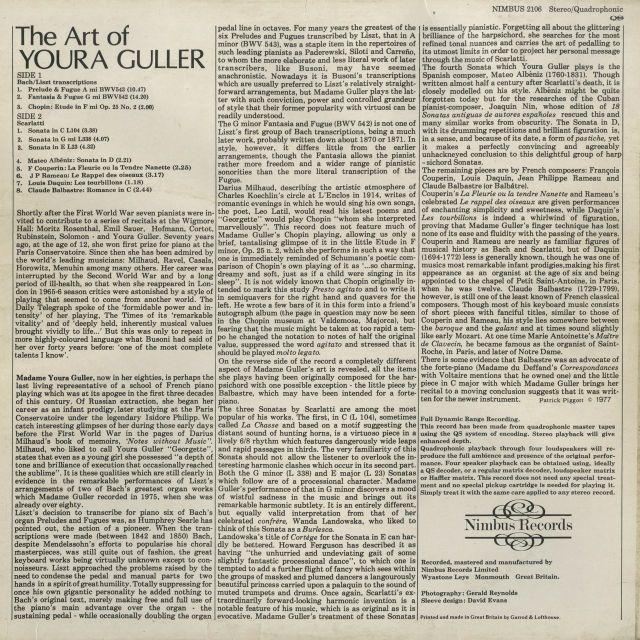 ＜中古クラシックLPレコード＞ヨウラ・ギュラーの芸術（全11曲）/バッハ：前奏曲とフーガ，幻想曲とフーガ，ショパン/Ｙ．ギュラー（ｐｆ）/英NIMBUS：2106 ギュラーの芸術 全11曲 ｐｆ /英NIMBUS：2106