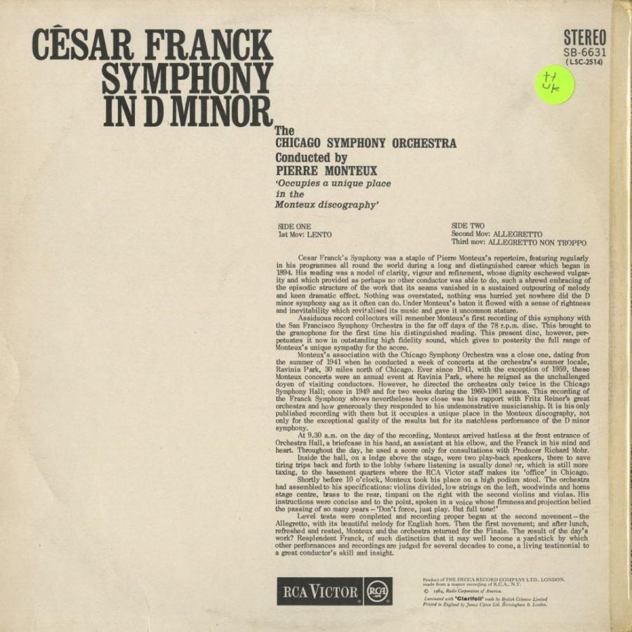 ＜中古クラシックLPレコード＞フランク：交響曲/Ｐ．モントゥー指揮シカゴｓｏ．/英RCA：SB 6631 