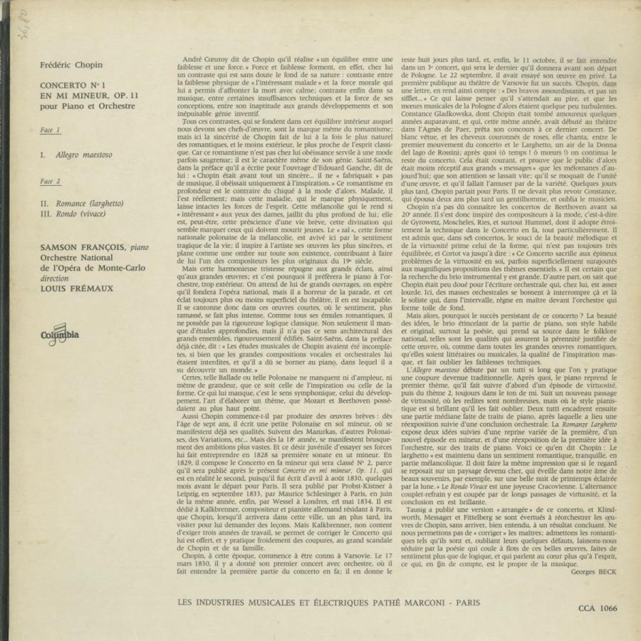 【2026年1月8日以降の発送予定】 ＜中古クラシックLPレコード＞ショパン：ピアノ協奏曲1番/Ｓ．フランソワ（ｐｆ）Ｌ．フレモー指揮モンテカルロ国立歌劇場ｏ．/仏COLUMBIA：CCA 1066 【A3248379118】(19635円)