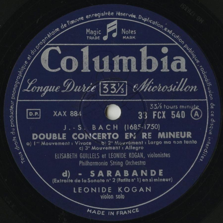 ＜中古クラシックLPレコード＞バッハ：ヴァイオリン協奏曲2番，サラバンド/Ｌ．コーガン，Ｅ．ギレリス（vn）Ｏ．アッカーマン/仏COLUMBIA：FCX 540 vn