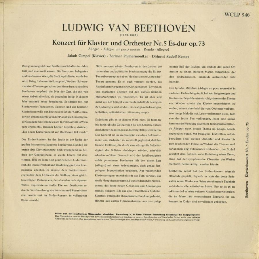 ＜中古クラシックLPレコード＞ベートーヴェン：ピアノ協奏曲5番Op.73「皇帝」/Ｊ．ギンペル（ｐｆ）Ｒ．ケンペ指揮ベルリンｐｏ．/独ELECTROLA：WCLP 546｜silent-tone-record｜02