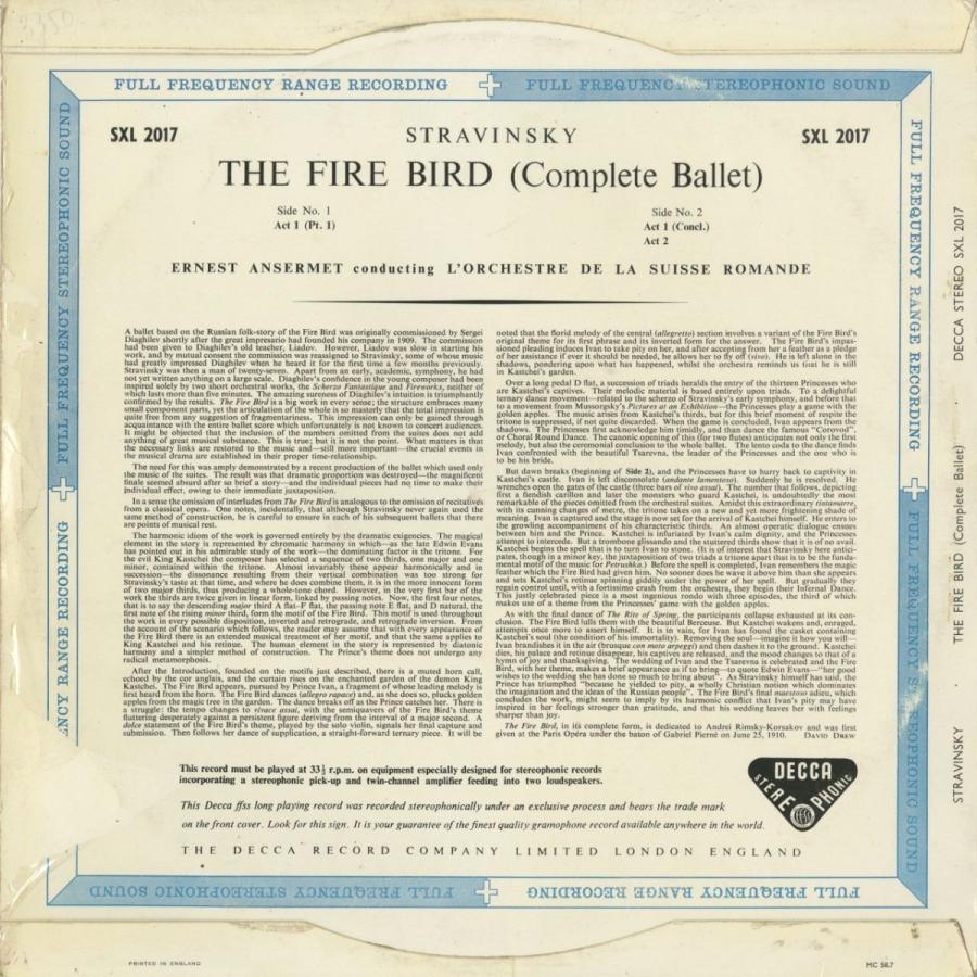 【限定品】 ＜中古クラシックLPレコード＞ストラヴィンスキー：火の鳥/Ｅ.アンセルメ指揮スイス・ロマンドｏ./英DECCA：SXL 2017 【8390988613】(30360円)