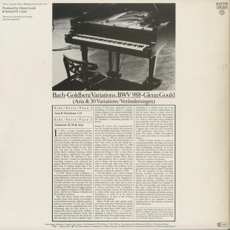 ＜中古クラシックLPレコード＞バッハ：ゴルトベルク変奏曲BWV.988/Ｇ.グールド（ｐｆ）/独CBS：D 37779｜silent-tone-record｜02