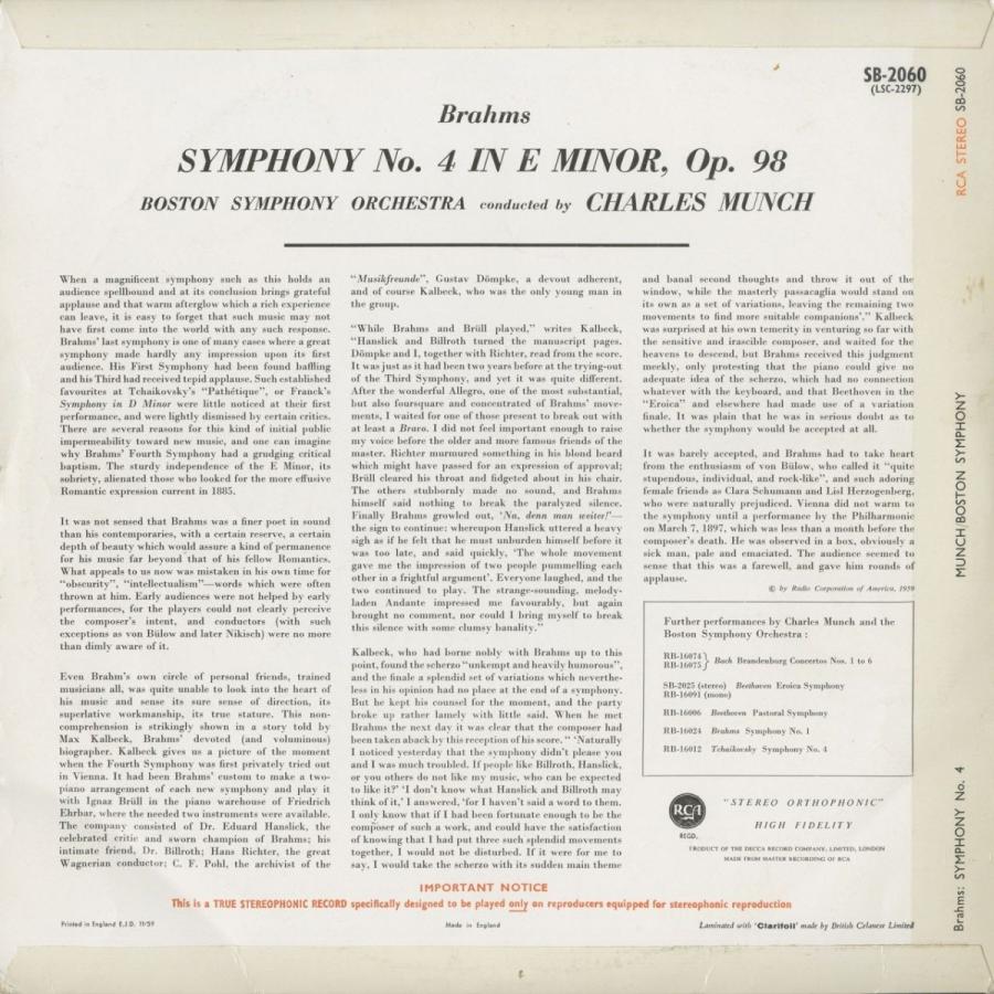 ＜中古クラシックLPレコード＞ブラームス：交響曲4番Op.98/Ｃ.ミュンシュ指揮ボストンｓｏ./英RCA：SB 2060 98/Ｃ ミュンシュ指揮ボストンｓｏ /英RCA：SB