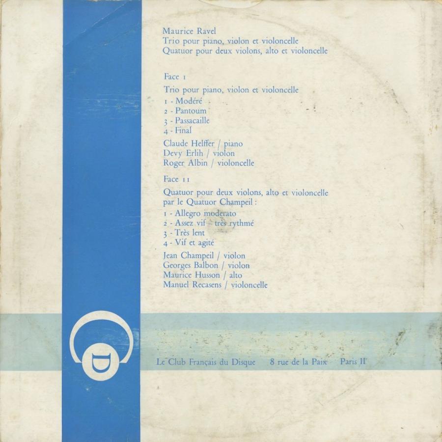 ＜中古クラシックLPレコード＞ラヴェル：ピアノ・トリオ，弦楽四重奏曲/Ｃ.エルフェ（ｐｆ）Ｄ.エルリ（ｖｎ）Ｒ.アルバン（ｖｃ）/シャンペールＱｔ./32 トリオ，弦楽四重奏曲/Ｃ エルフェ ｐｆ Ｄ エルリ ｖｎ Ｒ アルバン ｖｃ /シャンペールＱｔ