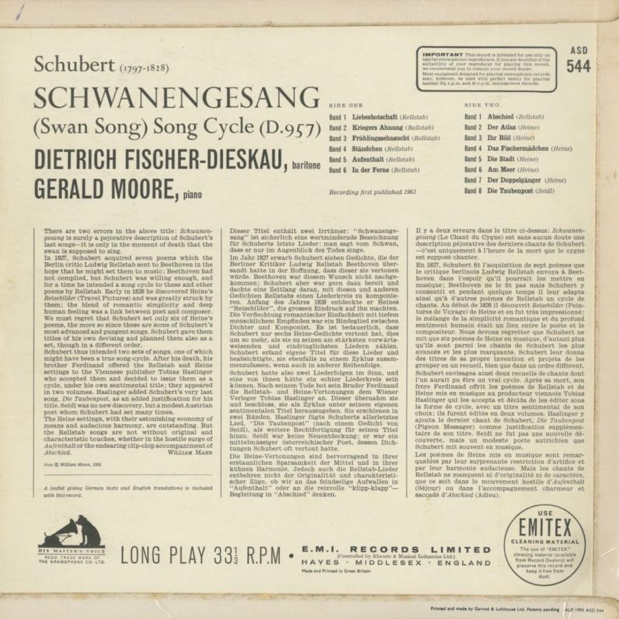 ＜中古クラシックLPレコード＞シューベルト：白鳥の歌/Ｄ.フィッシャーディースカウ（ｂｒ）Ｇ.ムーア（ｐ）/英HMV：ASD 544 フィッシャーディースカウ ｂｒ Ｇ ムーア ｐ /英HMV：ASD
