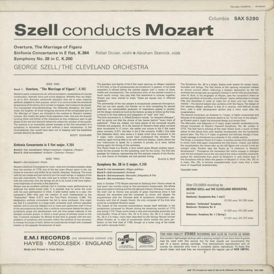 ＜中古クラシックLPレコード＞モーツァルト：フィガロ〜序曲，協奏交響曲K.364，交響曲28番K.200/Ｇ.セル指揮クリーブランドｏ.｜silent-tone-record｜02