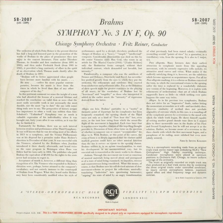 ＜中古クラシックLPレコード＞ブラームス：交響曲3番Op.90/Ｆ.ライナー指揮シカゴｓｏ./英RCA：SB 2007 90/Ｆ ライナー指揮シカゴｓｏ /英RCA：SB