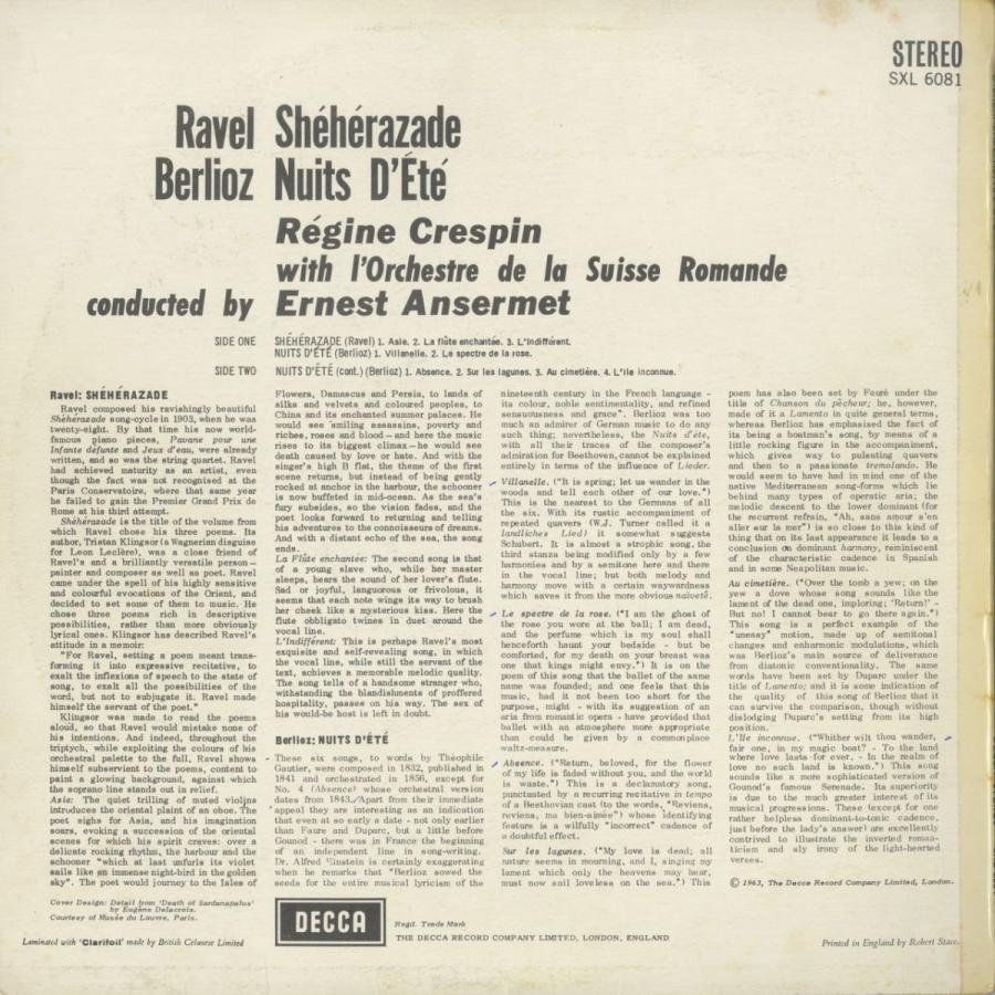 最新 ＜中古クラシックLPレコード＞ラヴェル：シェエラザード，ベルリオーズ：夏の夜/Ｒ.クレスパン（ｓ）Ｅ.アンセルメ指揮スイス・ロマンドｏ./英DECCA：SXL 6081 【2402140103】(14520円)