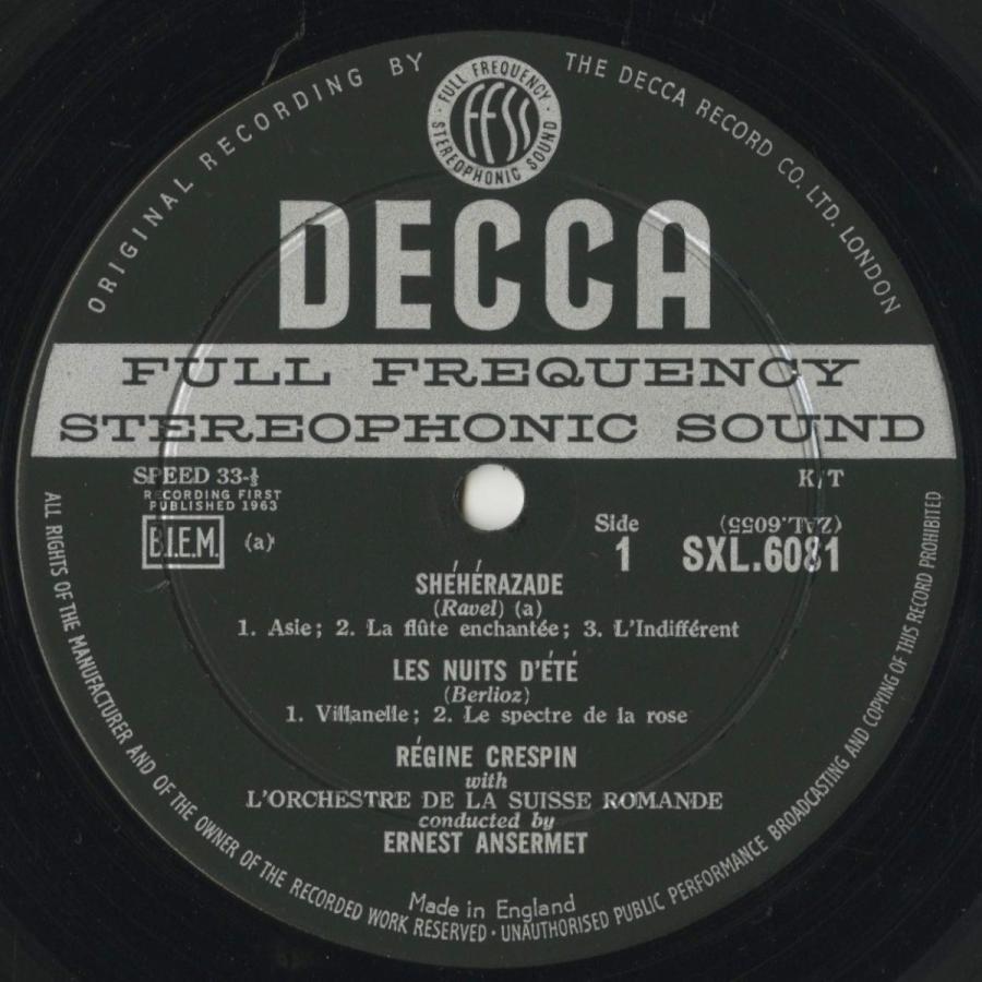 最新 ＜中古クラシックLPレコード＞ラヴェル：シェエラザード，ベルリオーズ：夏の夜/Ｒ.クレスパン（ｓ）Ｅ.アンセルメ指揮スイス・ロマンドｏ./英DECCA：SXL 6081 【2402140103】(14520円)