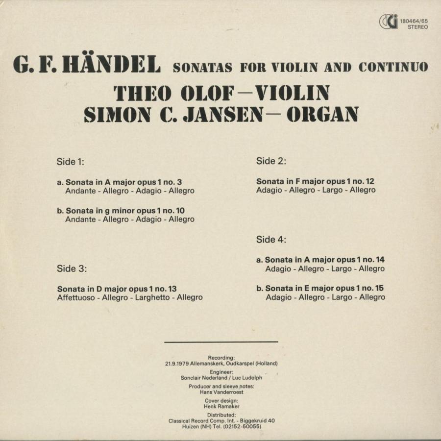 ＜中古クラシックLPレコード＞ヘンデル：ヴァイオリン・ソナタOp.1-3，1-10，1-12〜15/Ｔ.オロフ（ｖｎ）Ｓ.ヤンセン（ｏｒｇ）/蘭CLASSICAL RECORD：180 464-5 ソナタOp 3，1 10，1 15/Ｔ オロフ ｖｎ Ｓ ヤンセン ｏｒｇ /蘭CLASSICAL RECORD：180