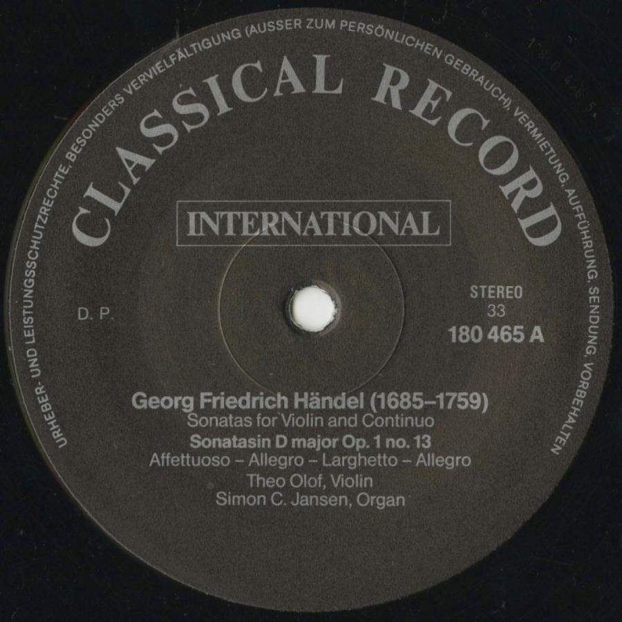 ＜中古クラシックLPレコード＞ヘンデル：ヴァイオリン・ソナタOp.1-3，1-10，1-12〜15/Ｔ.オロフ（ｖｎ）Ｓ.ヤンセン（ｏｒｇ）/蘭CLASSICAL RECORD：180 464-5 ソナタOp 3，1 10，1 15/Ｔ オロフ ｖｎ Ｓ ヤンセン ｏｒｇ /蘭CLASSICAL RECORD：180