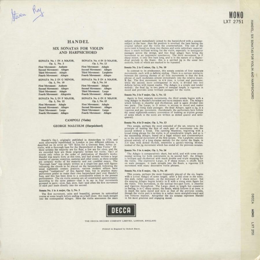 ＜中古クラシックLPレコード＞ヘンデル：ヴァイオリン・ソナタ1〜6番Op.1−3，10，12〜15/Ａ.カンポーリ（ｖｎ）Ｇ.マルコム（ｃｅｍｂ）/英DECCA：LXT 2751 ソナタ1 6番Op 1−3，10，12 15/Ａ カンポーリ ｖｎ Ｇ マルコム ｃｅｍｂ /英DECCA：LXT