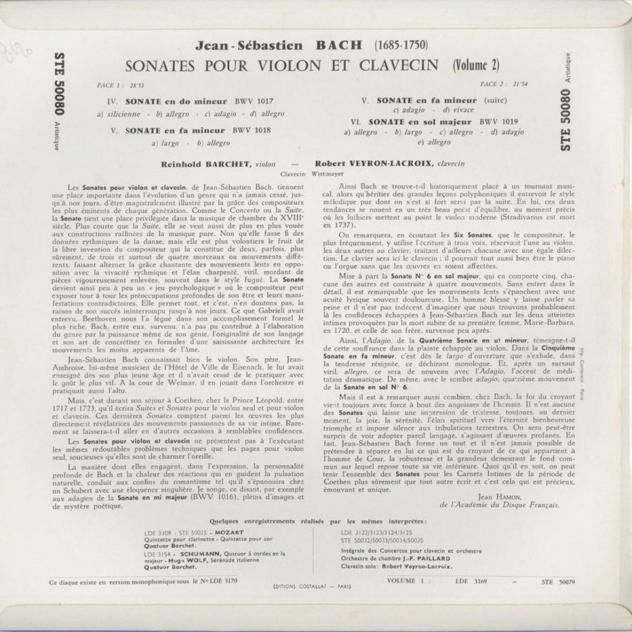 ＜中古クラシックLPレコード＞バッハ：ヴァイオリン・ソナタ集Vol.2/BWV.1017〜1019/Ｒ.バルヒェット（ｖｎ）Ｒ.ヴェイロン・ラクロワ（ｃｅｍｂ）/STE 50080_1