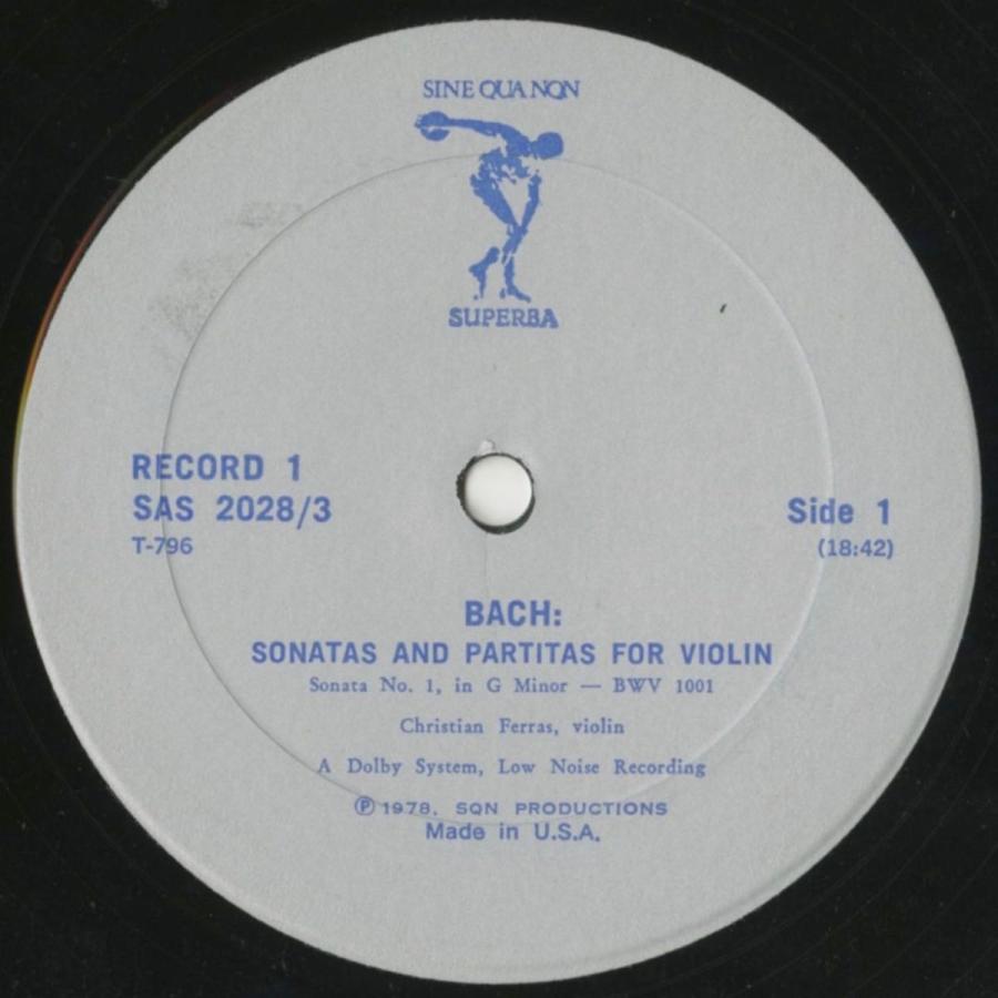 【アウトレット品】 ＜中古クラシックLPレコード＞バッハ：6つの無伴奏ヴァイオリン・ソナタBWV.1001〜1006/Ｃ.フェラス（ｖｎ）/米SINE QUA NON SUPERBA：SAS 2028 【Y1678195273】(60720円)