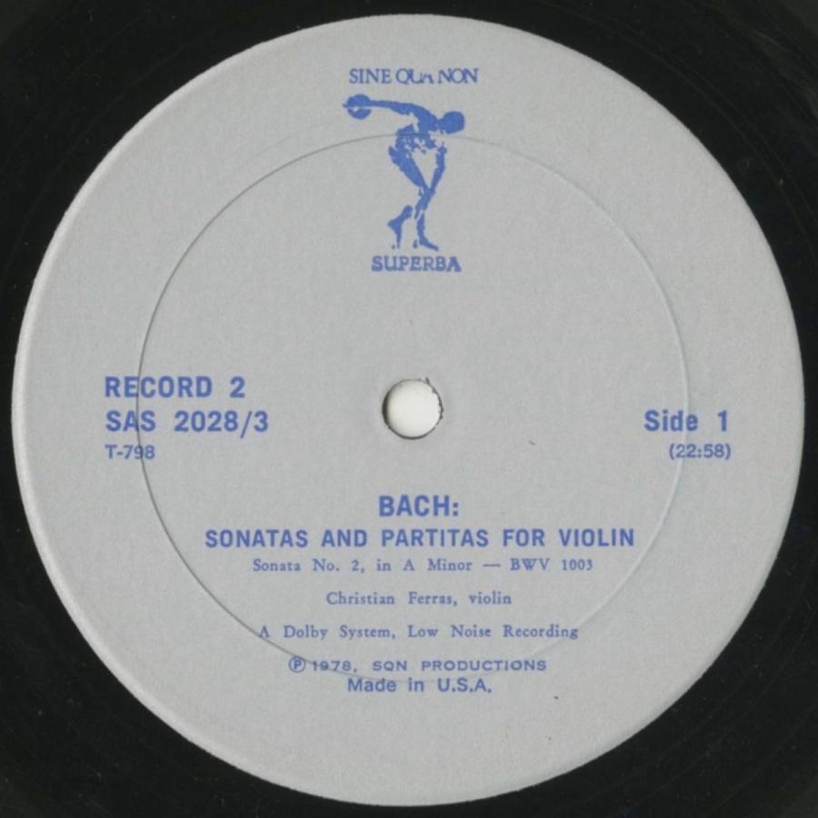 【アウトレット品】 ＜中古クラシックLPレコード＞バッハ：6つの無伴奏ヴァイオリン・ソナタBWV.1001〜1006/Ｃ.フェラス（ｖｎ）/米SINE QUA NON SUPERBA：SAS 2028 【Y1678195273】(60720円)