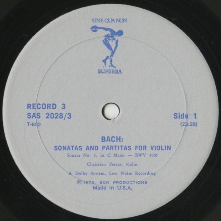 【アウトレット品】 ＜中古クラシックLPレコード＞バッハ：6つの無伴奏ヴァイオリン・ソナタBWV.1001〜1006/Ｃ.フェラス（ｖｎ）/米SINE QUA NON SUPERBA：SAS 2028 【Y1678195273】(60720円)