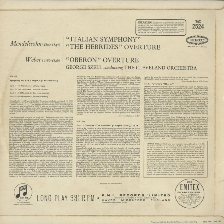 ＜中古クラシックLPレコード＞メンデルスゾーン：交響曲4番「イタリア」，フィンガルの洞窟，ウェーバー：オベロン/G.セル指揮クリーヴランドo/SAX 2524_1