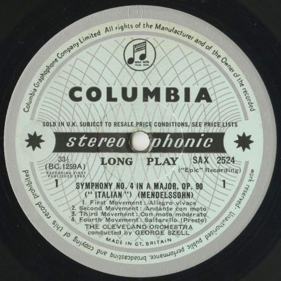 ＜中古クラシックLPレコード＞メンデルスゾーン：交響曲4番「イタリア」，フィンガルの洞窟，ウェーバー：オベロン/G.セル指揮クリーヴランドo/SAX 2524_2