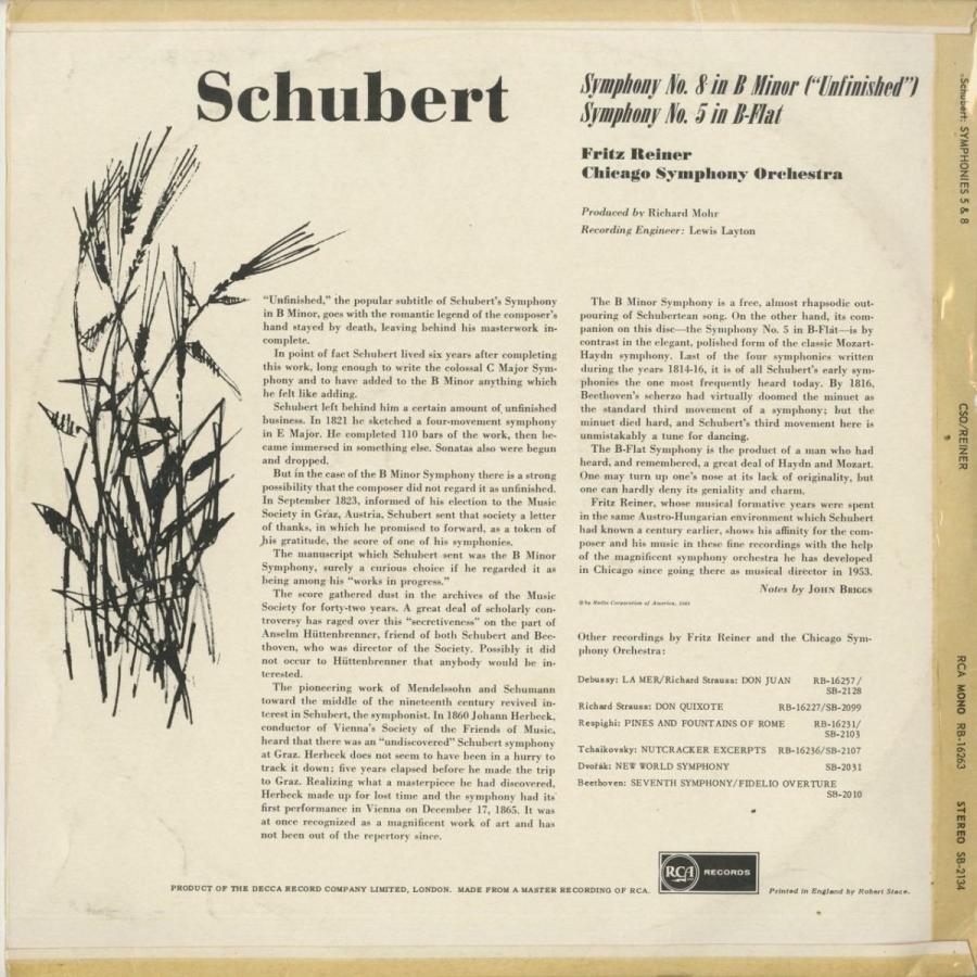 ＜中古クラシックLPレコード＞シューベルト：交響曲8番「未完成」，5番/Ｆ.ライナー指揮シカゴｓｏ./英RCA：SB 2134     商品情報    シューベルト：交響曲8番「未完成」，5番/Ｆ.ライナー指揮シカゴｓｏ./英R