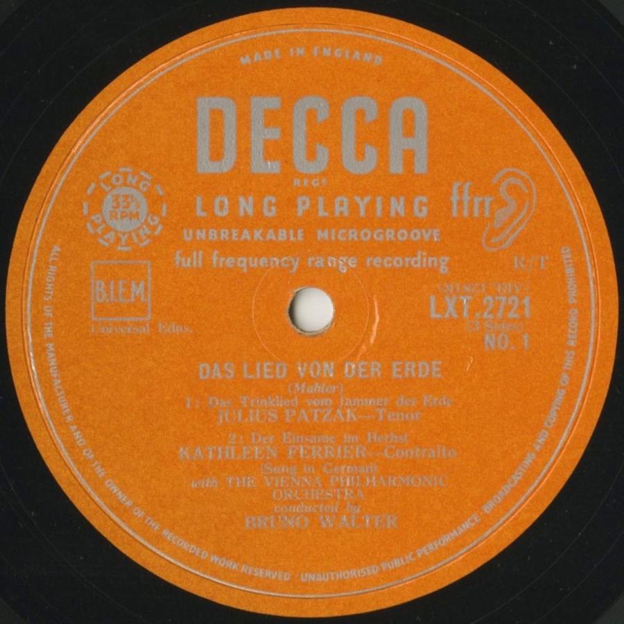 ＜中古クラシックLPレコード＞マーラー：大地の歌/Ｋ.フェリアー（ｃａ）Ｂ.ワルター指揮ウィーンｐｏ./英DECCA：LXT 2721-2 フェリアー ｃａ Ｂ ワルター指揮ウィーンｐｏ /英DECCA：LXT